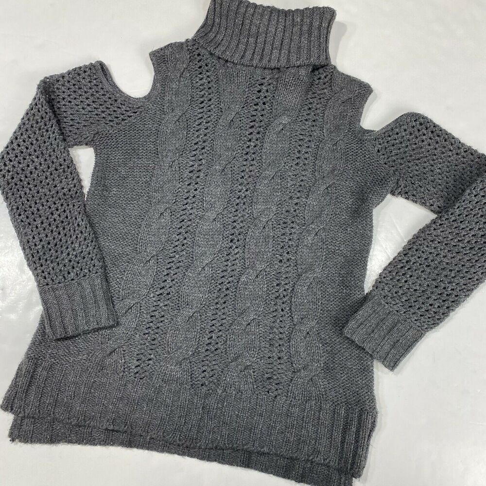 American Eagle Sweater Sz Small Gray Cold Shoulder Cable Knit Long Sleeve Top